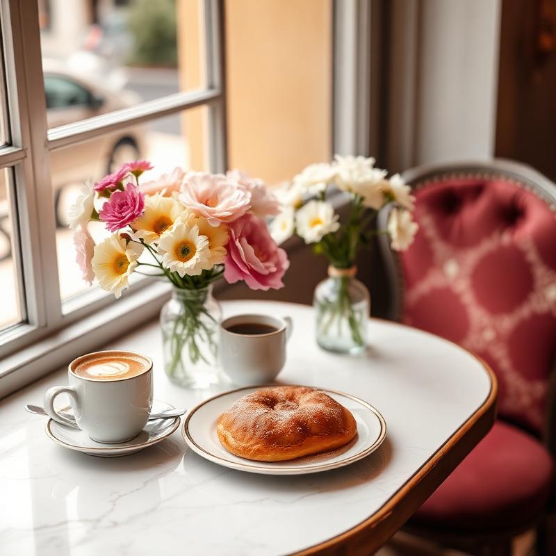 Mesa posta com café e flores